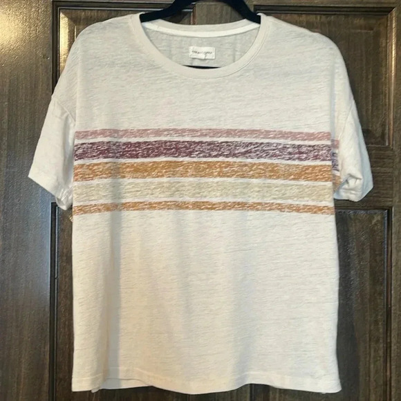 Thread and Supply, tan tee with intentionally faded colored stripes. Large. - Picture 1 of 6